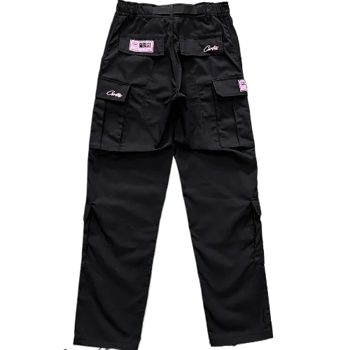 corteiz pants cargo black - pink logo